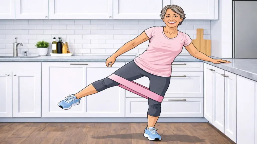 Abductie oefening met een elastische band. De spier die hier getraind wordt is de gluteus medius.