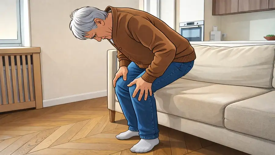 Man die moeite heeft met opstaan door de pijnklachten in de knie als gevolg van artrose.