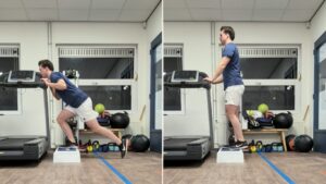 Step up met focus op gluteus maximus. Een goede optie om de pijn door slijtage van knie of heup aan te pakken.