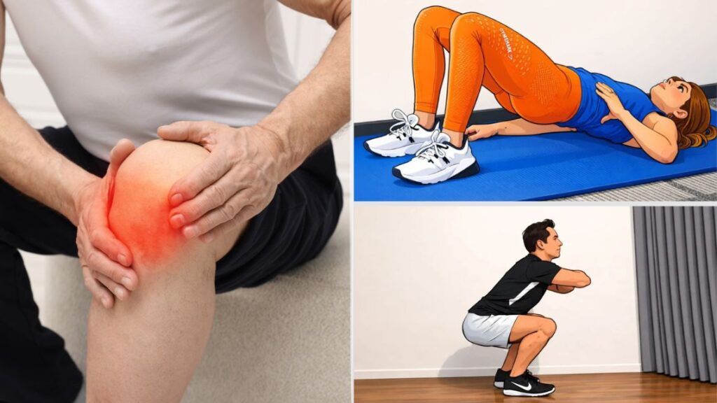 knie artrose oefeningen bilspieren: het bruggetje, de squat, de step-up, de lunge.