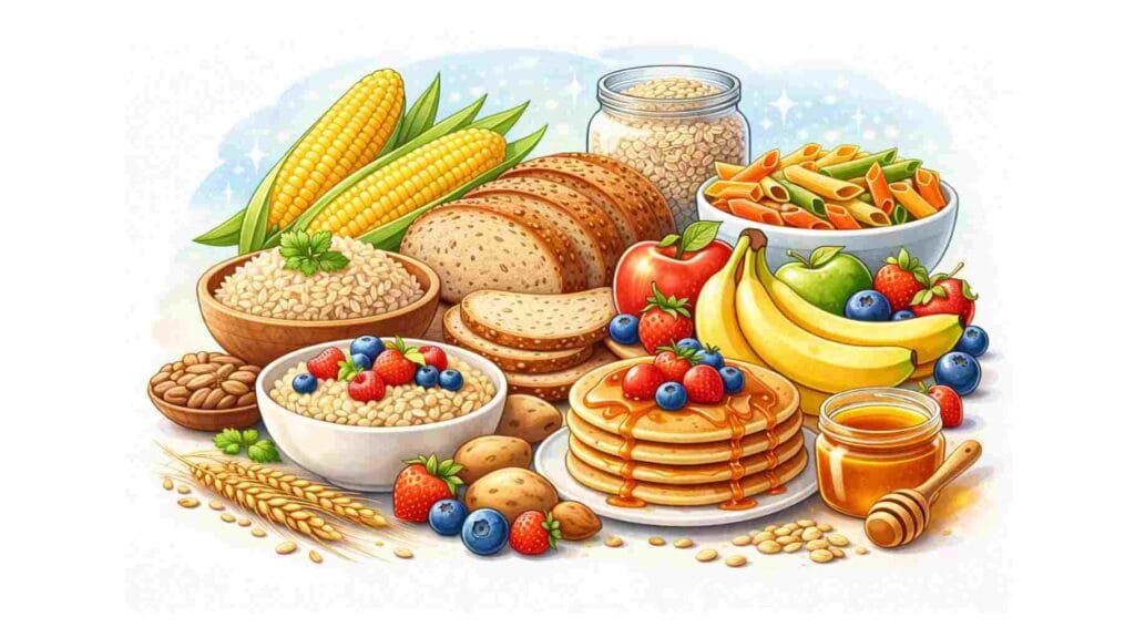 Koolhydraten zijn monosachariden, disachariden of polysachariden. Voorbeelden van koolhydraatrijke voeding zijn fruit, granen, pasta en rijst.