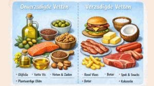 Verzadigde vetten (zalm, olijfolie, noten en zaden) en onverzadigde vetten (spek, rood vlees, kokosolie).
